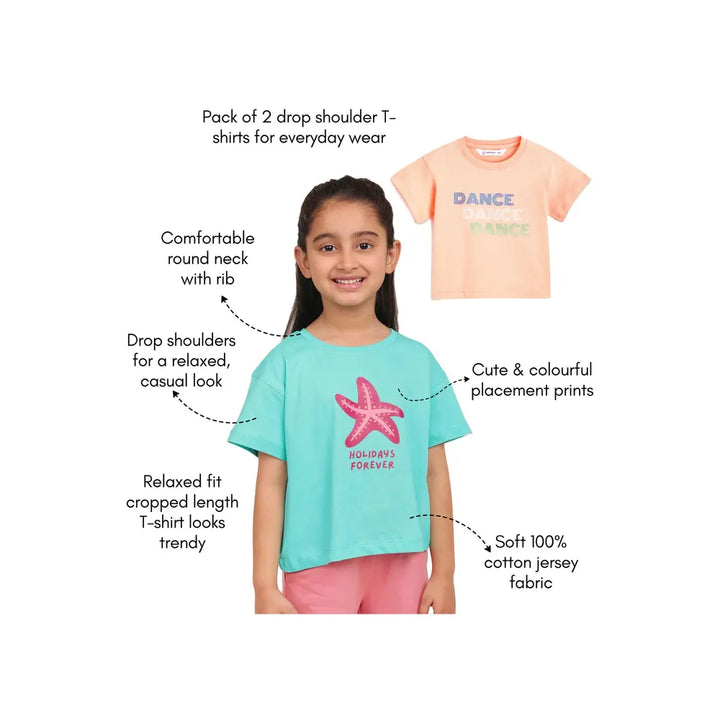 Campana Pack of 2 Drop Shoulder Half Sleeves Printed Cotton T-shirts - Zuri | Turquoise & Peach