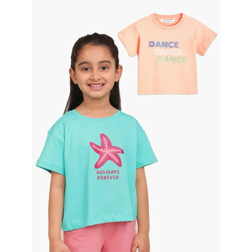 Campana Pack of 2 Drop Shoulder Half Sleeves Printed Cotton T-shirts - Zuri | Turquoise & Peach