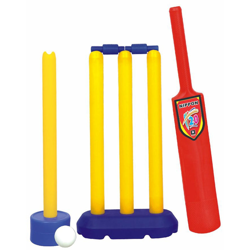 Nippon Cricket Plastic Set (1 Bat, 1 Ball, 4 Stumps, 1 Big Base, 1 Small Base, & 2 Bails) - Junior | 3 Years and Above