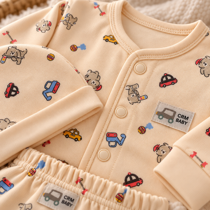 Baby Naturelle CRM Baby Cotton Knit Front Open Full Sleeves Co-ord T-Shirt & Pajama Suit with Cap - Cream