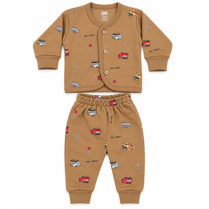 Pink Rabbit Preemie Cotton-Rich Knitted Full Sleeves Open-Front Vest & Pant Suit – 37 cm (Brown)