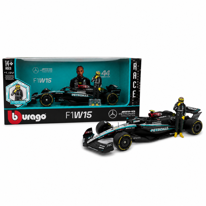 Bburago Original Mercedes-AMG F1W15 E Performance - Lewis Hamilton with Driver Figurine Licensed Diecast Car | 1:24 Scale (14 Years till Grown Ups)