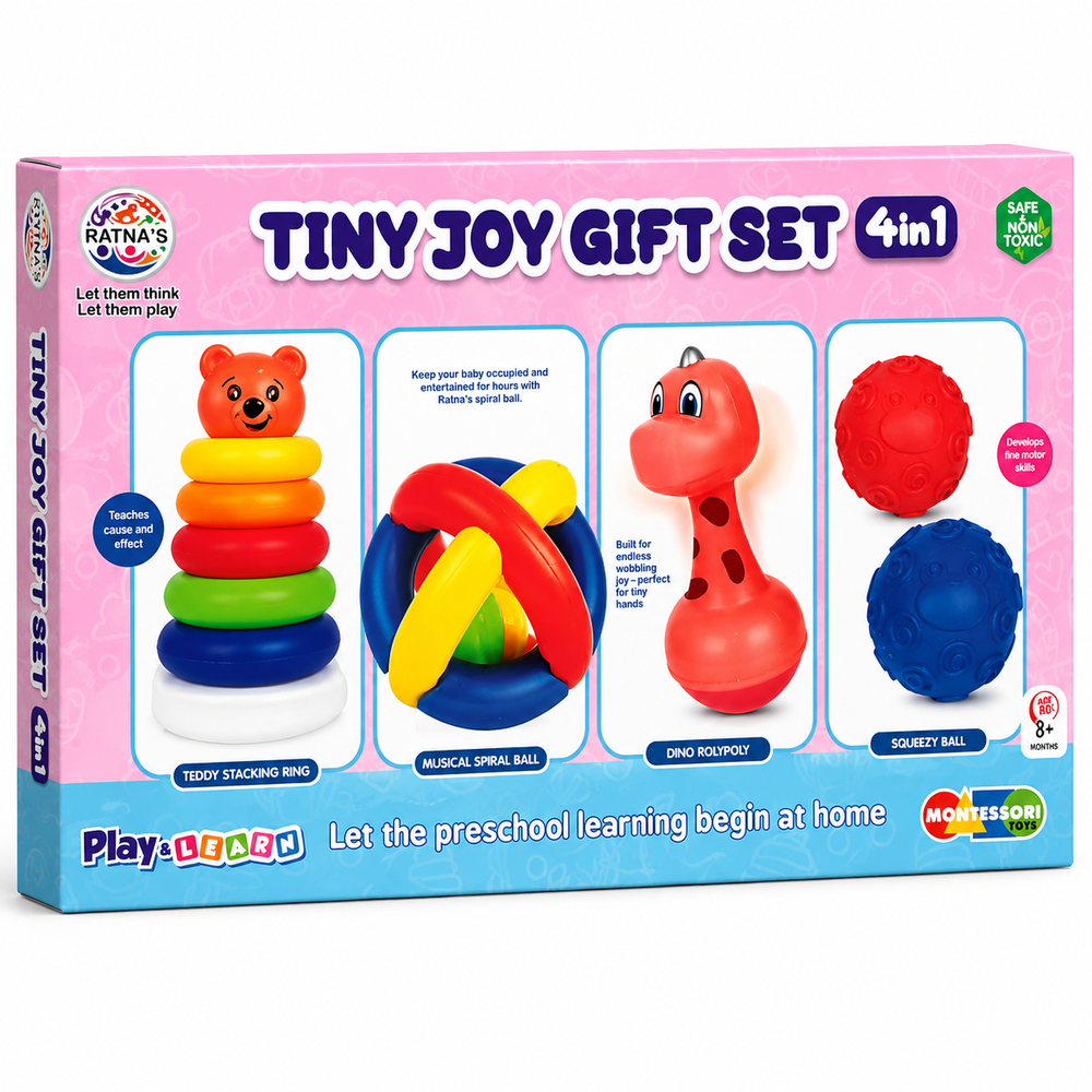 Ratna's 4 in 1 Tiny Joy Gift Set - Stacker, Musical Spiral, Dino Roly Poly Toy, Squeezy Balls