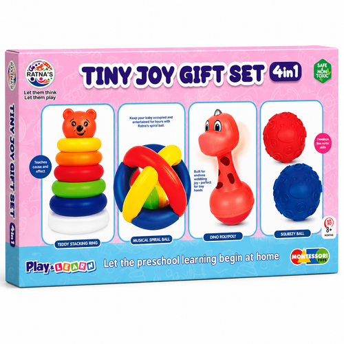 Ratna's 4 in 1 Tiny Joy Gift Set - Stacker, Musical Spiral, Dino Roly Poly Toy, Squeezy Balls