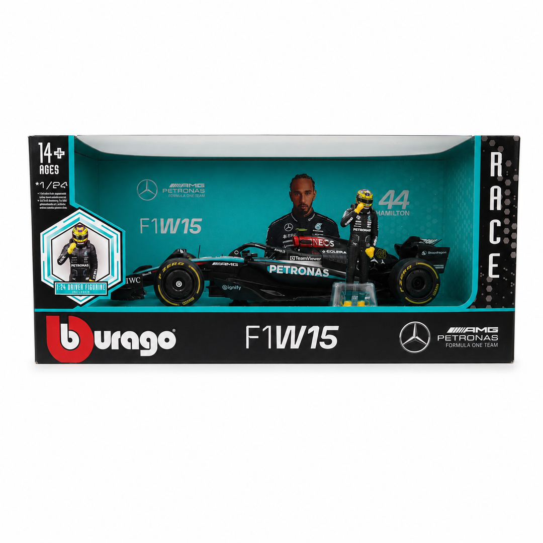 Bburago Original Mercedes-AMG F1W15 E Performance - Lewis Hamilton with Driver Figurine Licensed Diecast Car | 1:24 Scale (14 Years till Grown Ups)