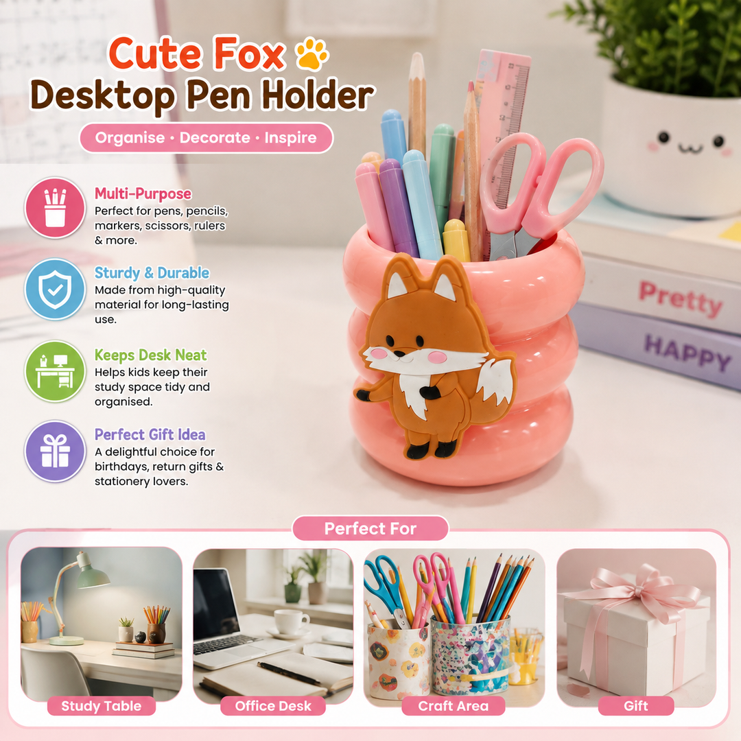 Cute Fox Cartoon Desktop Pen Holder | Multi-Purpose Pencil Stand & Desk Organizer for Kids