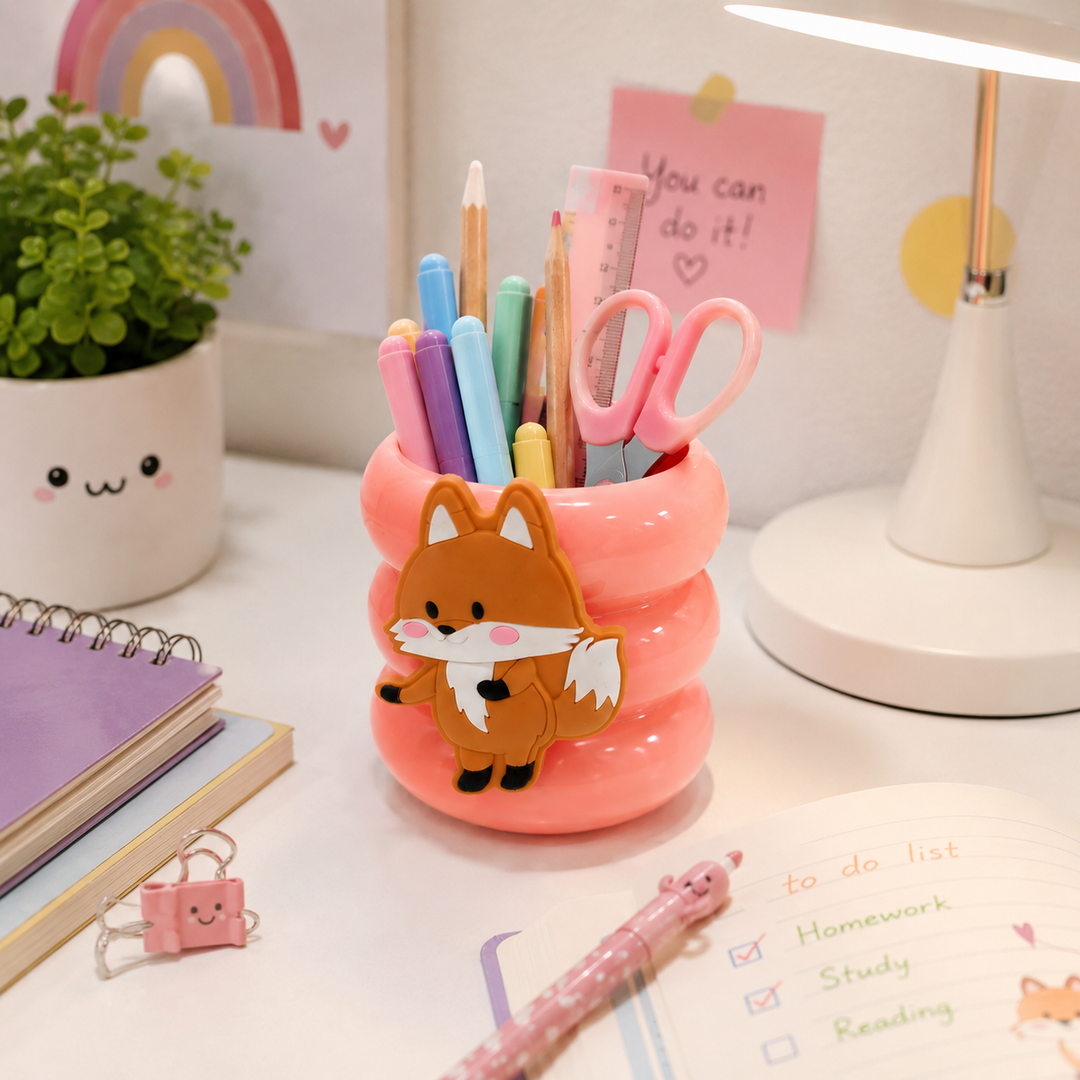 Cute Fox Cartoon Desktop Pen Holder | Multi-Purpose Pencil Stand & Desk Organizer for Kids