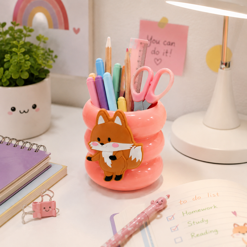 Cute Fox Cartoon Desktop Pen Holder | Multi-Purpose Pencil Stand & Desk Organizer for Kids