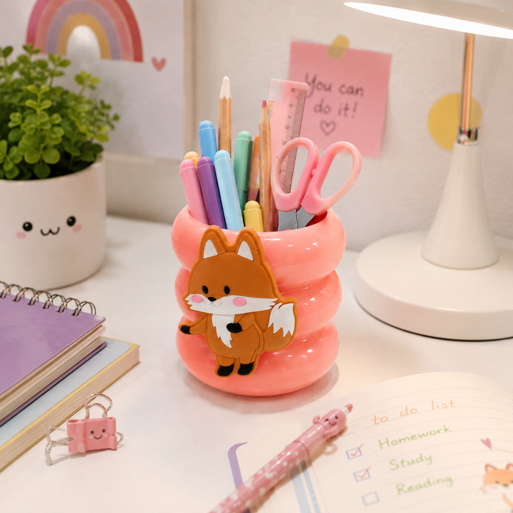Cute Fox Cartoon Desktop Pen Holder | Multi-Purpose Pencil Stand & Desk Organizer for Kids
