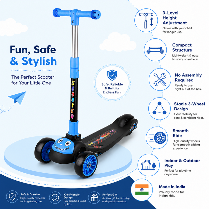 Kid 99 Kids Scooter with LED Wheels & 3 Adjustable Height - Blue