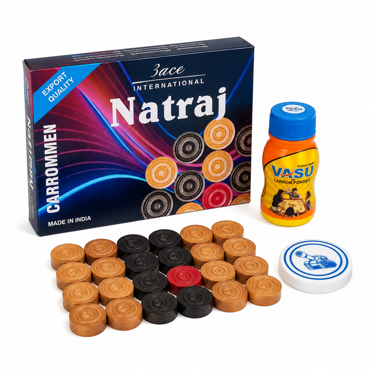 Carrom Combo Pack | 24 Carrom Coins + Vasu Carrom Powder + Carrom Striker