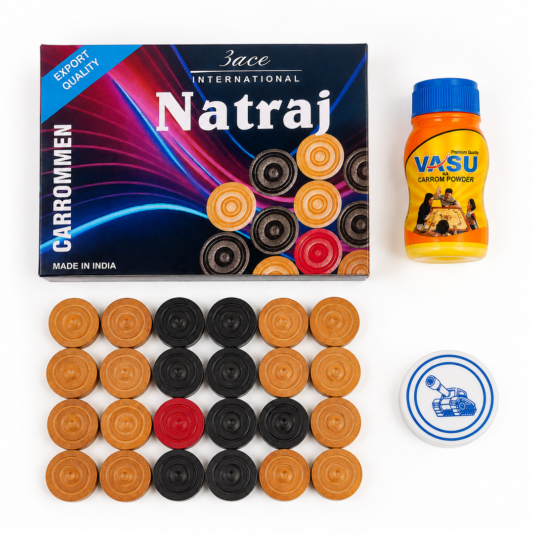 Carrom Combo Pack | 24 Carrom Coins + Vasu Carrom Powder + Carrom Striker