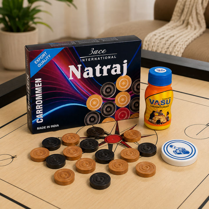 Carrom Combo Pack | 24 Carrom Coins + Vasu Carrom Powder + Carrom Striker