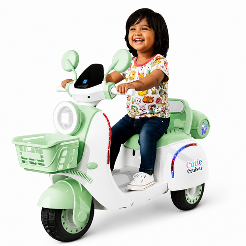 Mee Mee Cutie Cruiser Electric Scooty for Kids - LED Lights, Foot Accelerator & Side Mirror | Direction & Switch Control, AUX, Bluetooth, Horn | Weight Capacity: 30kg | Green