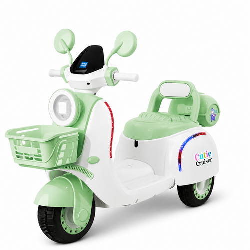 Mee Mee Cutie Cruiser Electric Scooty for Kids - LED Lights, Foot Accelerator & Side Mirror | Direction & Switch Control, AUX, Bluetooth, Horn | Weight Capacity: 30kg | Green
