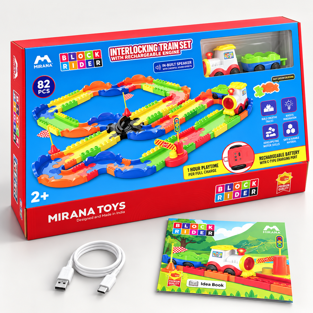 Mirana Block Rider Train Set – 82 Pieces | Rechargeable Engine, Multiple Tracks & Sound Modes | Ages 2–8 Years
