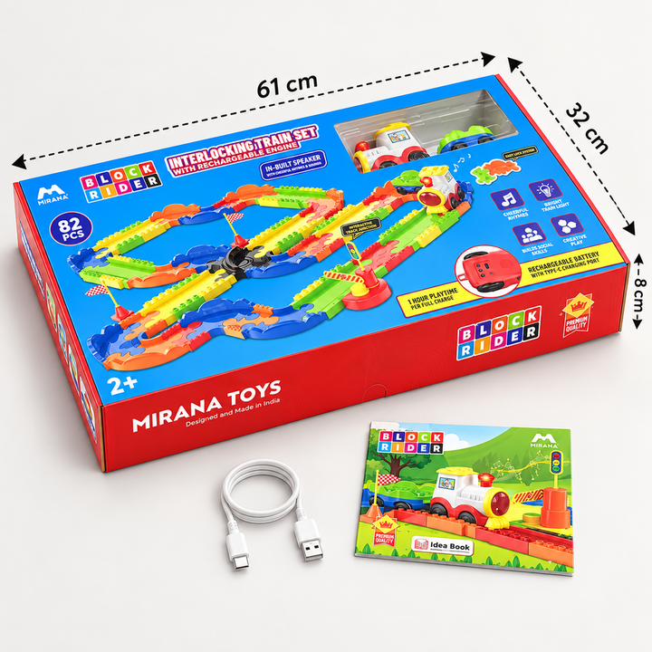 Mirana Block Rider Train Set – 82 Pieces | Rechargeable Engine, Multiple Tracks & Sound Modes | Ages 2–8 Years