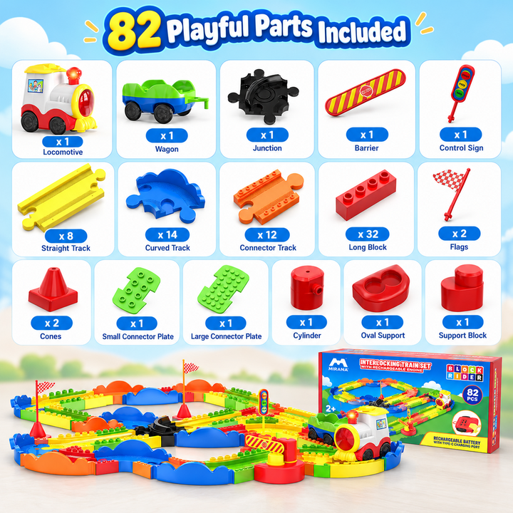 Mirana Block Rider Train Set – 82 Pieces | Rechargeable Engine, Multiple Tracks & Sound Modes | Ages 2–8 Years