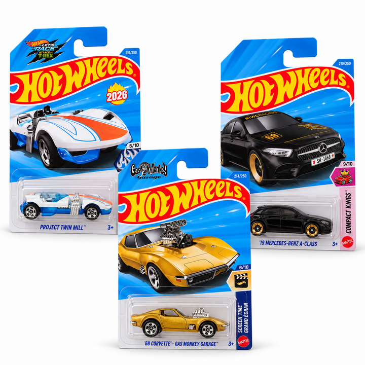 Set of 3 Hot wheels [HW 467] - Project Twin Mill, '19 Mercedes-Benz A-Class, '68 Corvette- Gas Monkey Garage
