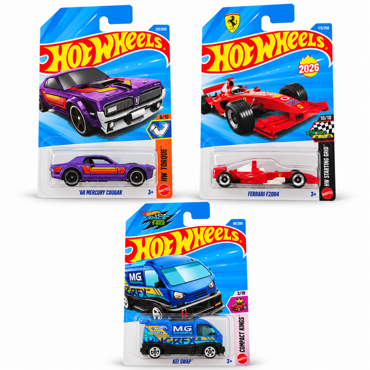 Set of 3 Hot wheels [HW 471] - Kei Swap, Farrari F2004, '68 Mercury Cougar