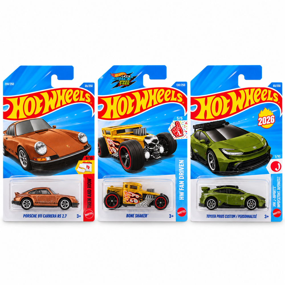Set of 3 Hot wheels [HW 473] - Porsche 911 Carrera RS 2.7, Bone Shaker, Toyota Prius Custom / Personnalise
