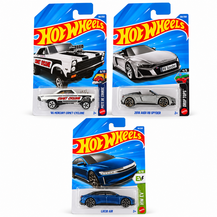 Set of 3 Hot wheels [HW 486] - Lucid Air, 2019 Audi R8 Spyder, '65 Mercury Comet Cyclone