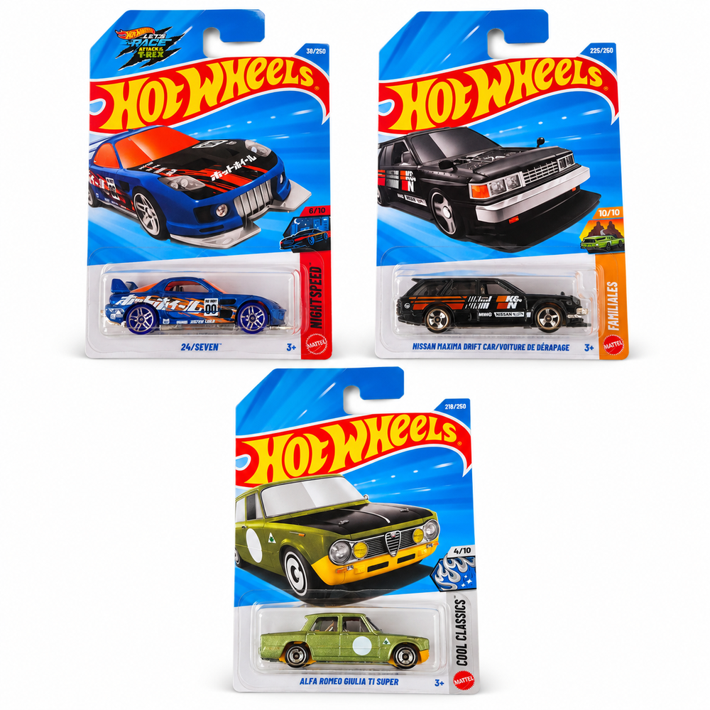 Set of 3 Hot wheels [HW 487] - Alfa Romeo Giulia TI Super, Nissan Maxima Drift Car/ Voiture De Derapage, 24/ Seven