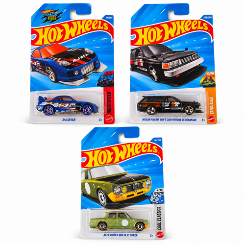 Set of 3 Hot wheels [HW 487] - Alfa Romeo Giulia TI Super, Nissan Maxima Drift Car/ Voiture De Derapage, 24/ Seven