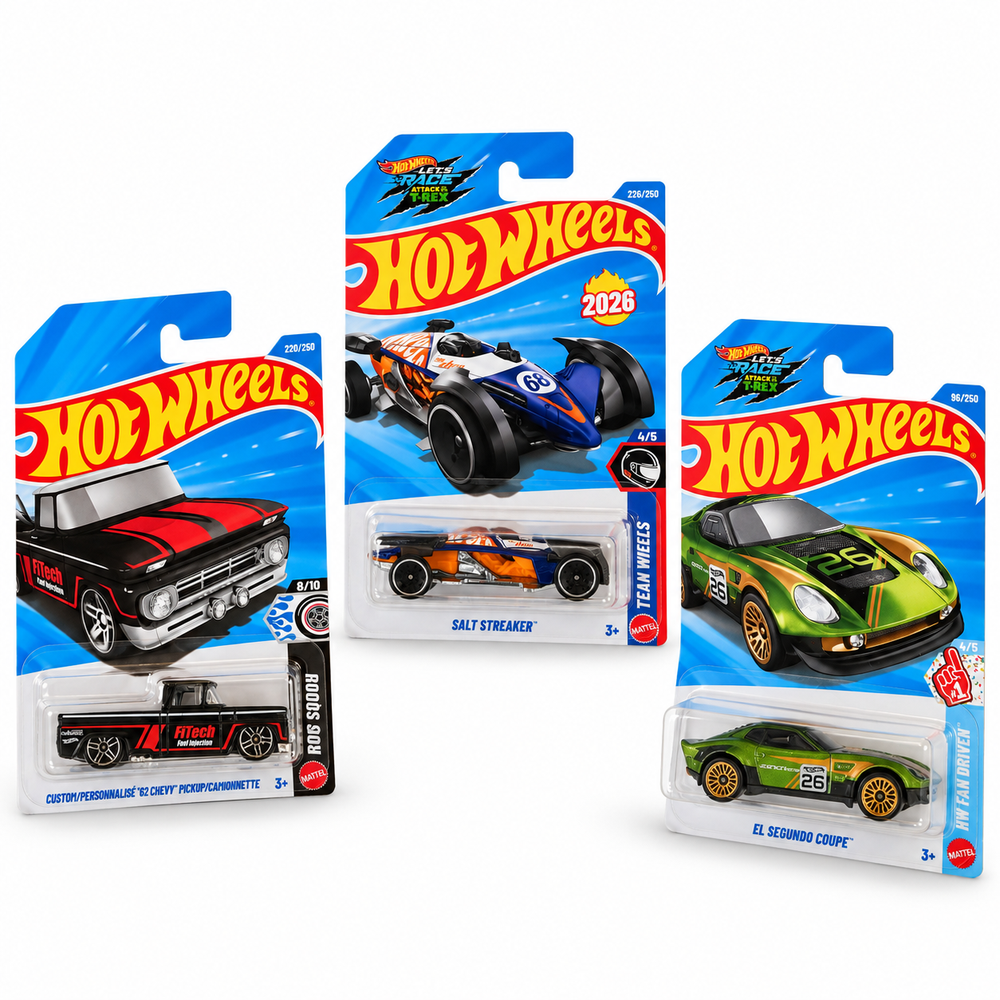 Set of 3 Hot wheels [HW 475] - EL Segundo Coupe, Salt Streaker, Custom/ Personnalise '62 Chevy Pickup/ Camionnette