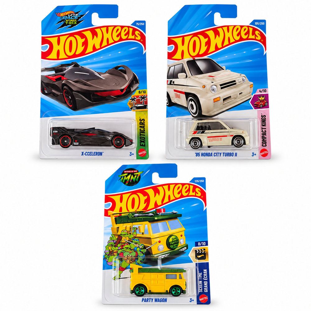 Set of 3 Hot wheels [HW 477] - Party Wagon, '85 Honda City Turbo II, X-Cceleron