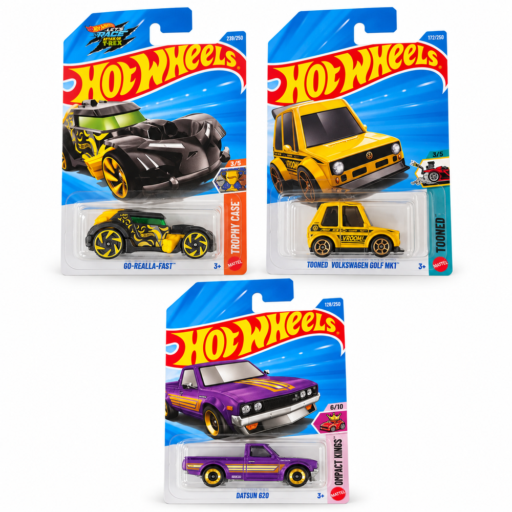 Set of 3 Hot wheels [HW 479] - Go-Realla-Fast, Tooned Volkswagen Golf MK1, Datsun 620