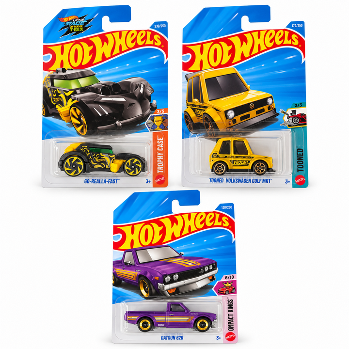 Set of 3 Hot wheels [HW 479] - Go-Realla-Fast, Tooned Volkswagen Golf MK1, Datsun 620