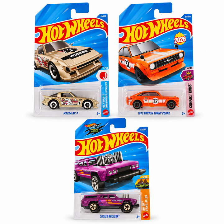 Set of 3 Hot wheels [HW 481] - Cruise Bruiser, 1972 Datsun Sunny Coupe, Mazda RX-7