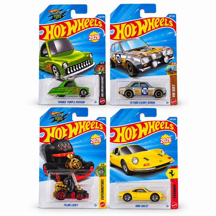 Set of 4 Hot wheels [HW 494] - Dino 206 GT, Feline Lucky, '70 Ford Escort RS1600, Tooned Purple Passion