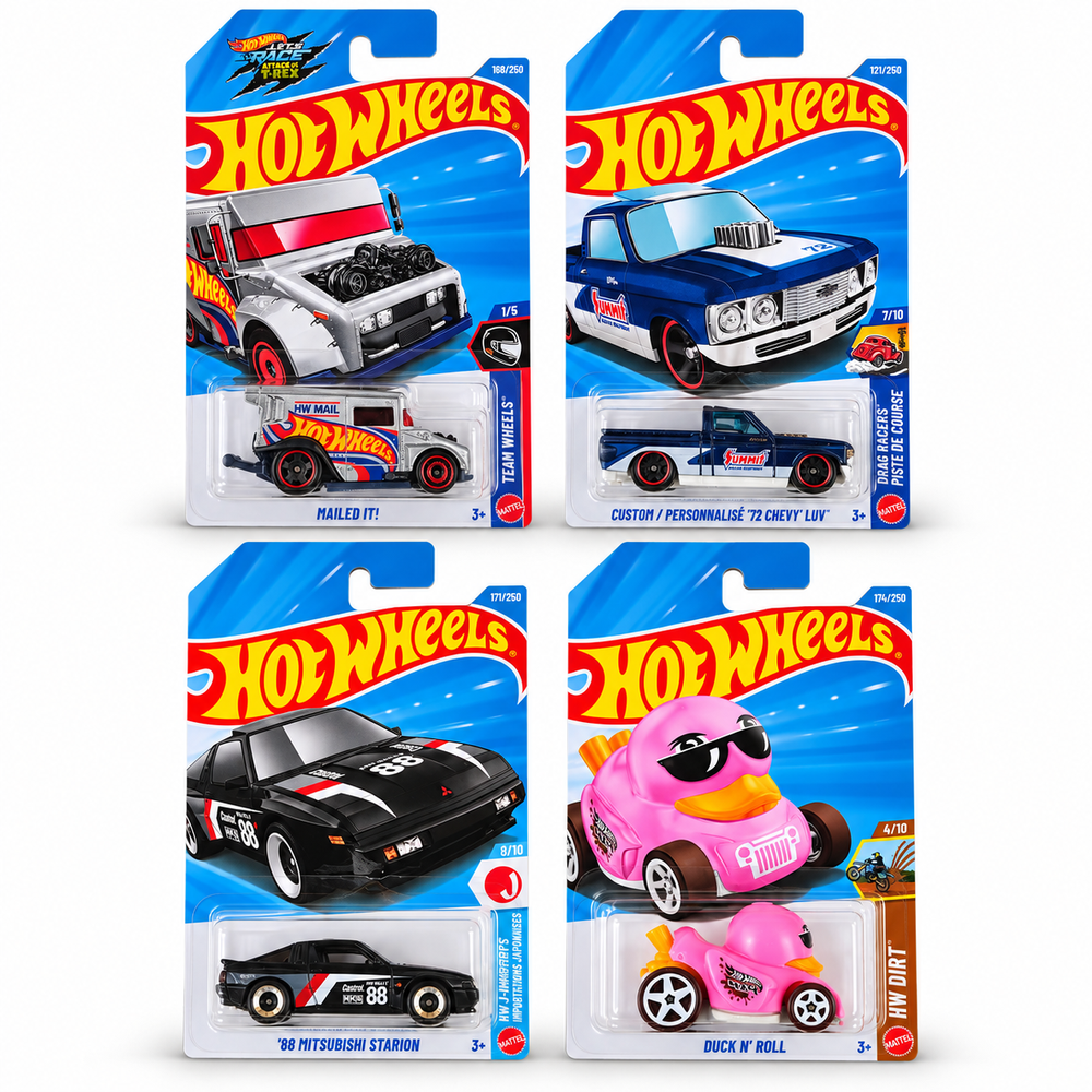 Set of 4 Hot wheels [HW 495] - Duck N' Roll, '88 Mitsubishi Starion, Custom/ Personnalise '72 Chevy Luv, Mailed It!