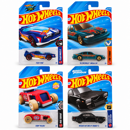 Set of 4 Hot wheels [HW 496] - Nissan Skyline HT 2000GT-X, Chop 'N Bloc, '96 Chevrolet Impala SS, Fast Fish