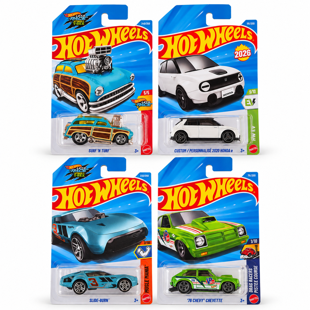 Set of 4 Hot wheels [HW 498] - Slide-Burn, Custom/ Personnalise 2020 Honda e, Surf 'N Turf, '76 Chevy Chevette