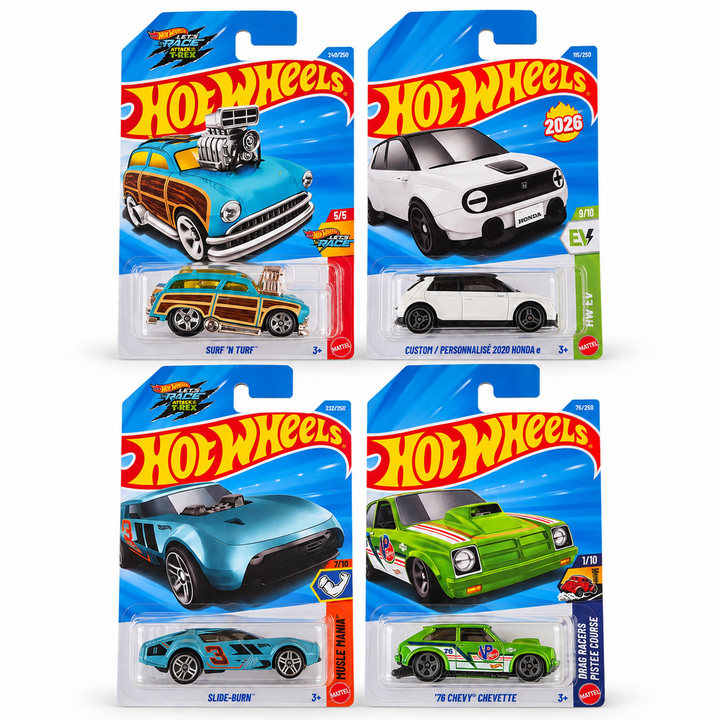 Set of 4 Hot wheels [HW 498] - Slide-Burn, Custom/ Personnalise 2020 Honda e, Surf 'N Turf, '76 Chevy Chevette