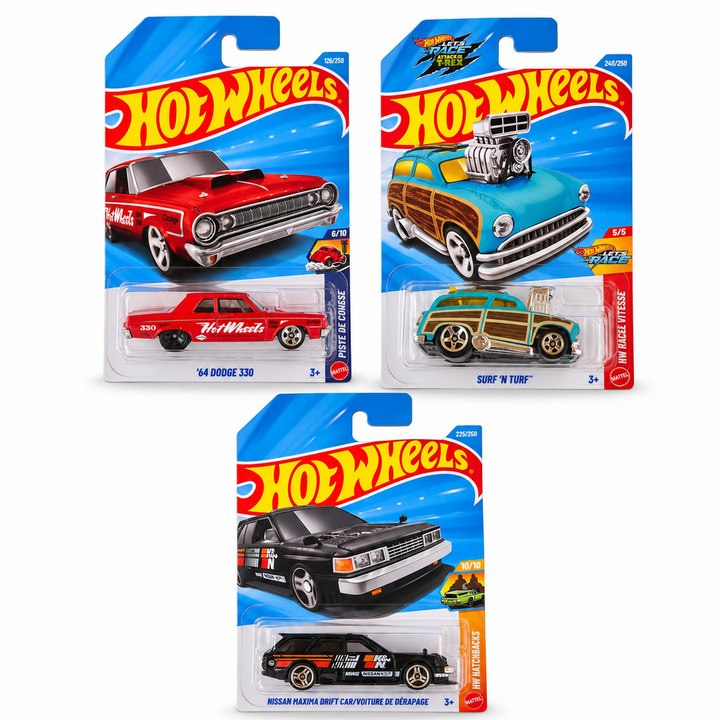 Set of 3 Hot wheels [HW 499] - Surf 'N Turf, '64 Dodge 330, Nissan Maxima Drift Car/ Voiture De Derapage