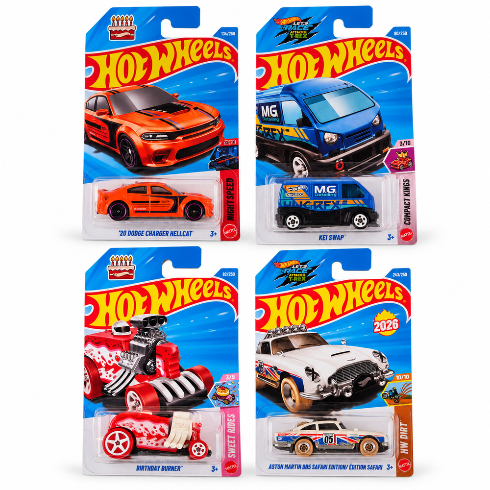 Set of 4 Hot wheels [HW 493] - Kei Swap, '20 Dodge Charger Hellcat, Birthday Burner, Aston Martin DB5 Safari Edition/ Edition Safari