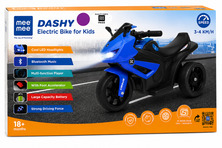Mee Mee Parental & Self Control | Mee Mee Dashy Electric Bike for Kids - LED Headlights, Bluetooth Music, Foot Accelerator, Large Capacity Battery |  Blue