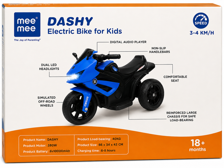 Mee Mee Parental & Self Control | Mee Mee Dashy Electric Bike for Kids - LED Headlights, Bluetooth Music, Foot Accelerator, Large Capacity Battery |  Blue