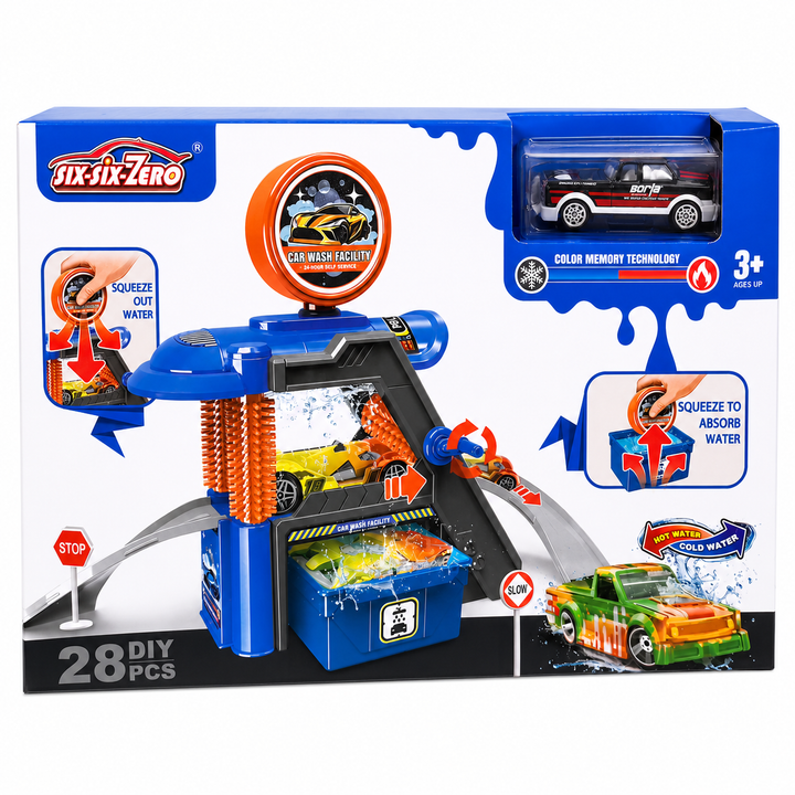 Six-Six-Zero Car Wash Facility Toy Pretend Playset - 28 Pieces | Colour Changing Alloy Cars