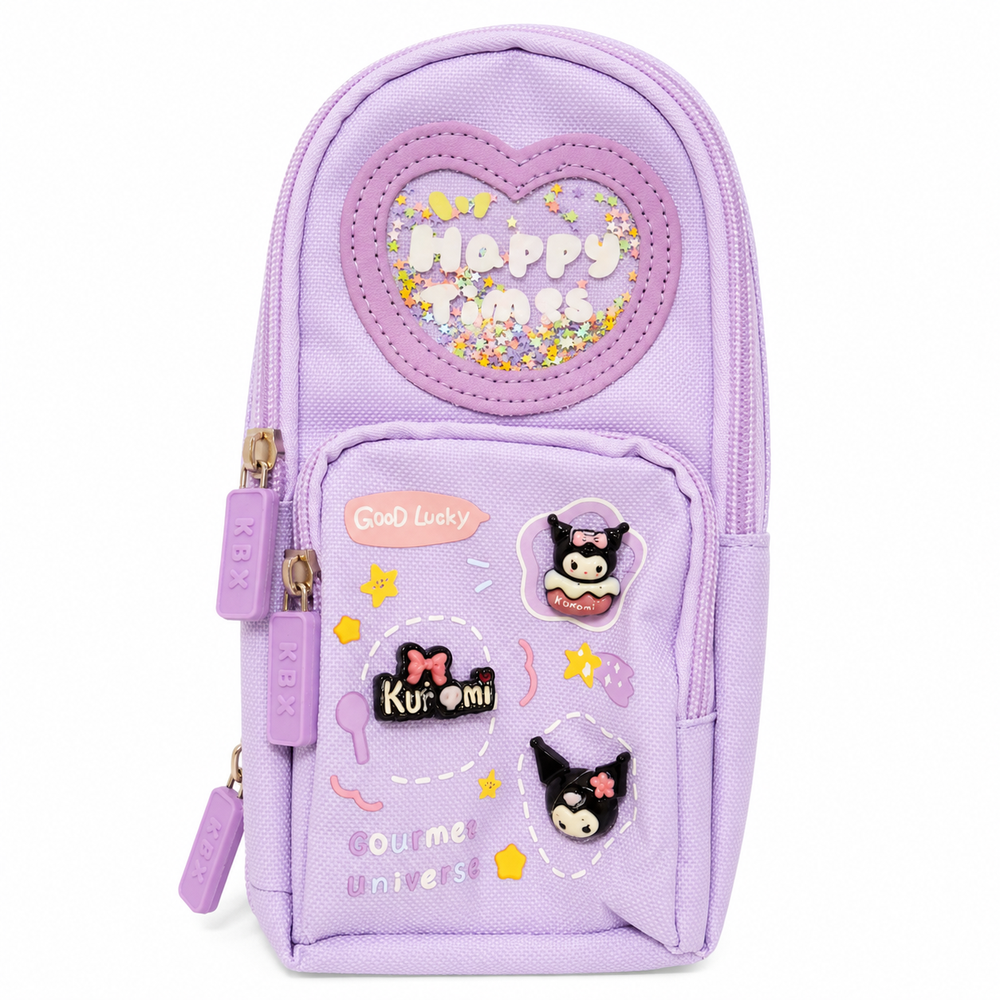 FunBlast Purple Pencil Case for Kids | Large Capacity 3-Layer Canvas Hangable Kawaii Pencil Pouch