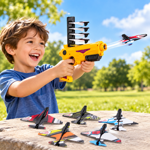 Chanak Foam Aircraft Plane Launcher Blaster with 5 Foam Planes - Yellow