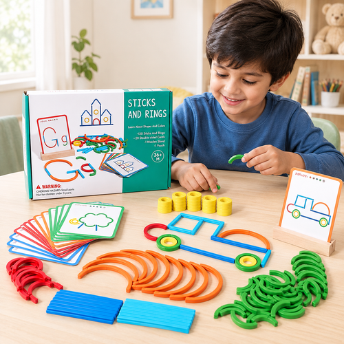 MUREN Wooden Sticks & Rings Puzzle Game - 120 Piece | Montessori Creative Learning Set