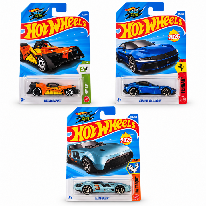Set of 3 Hot wheels [HW 474] - Slide-Burn, Ferrari 12Cilindri, Voltage Spike