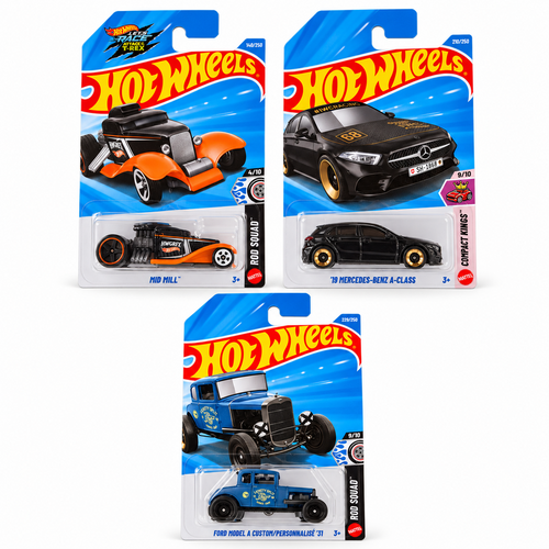 Set of 3 Hot wheels [HW 485] - Ford Model A Custom/ Personnalise '31, '19 Mercedes- Benz A-Class, Mid Mill