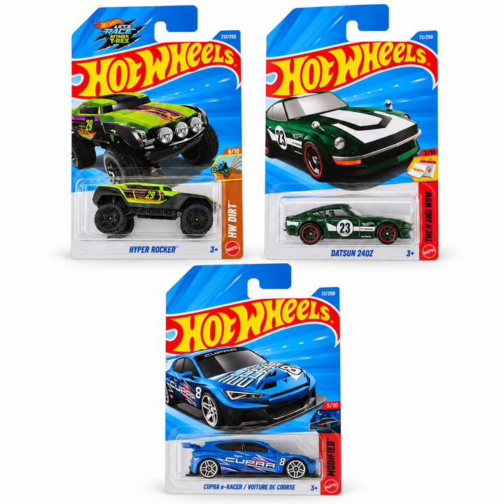 Set of 3 Hot wheels [HW 480] - Hyper Rocker, Datsun 240Z, Cupra e-Racer/ Voiture De Course