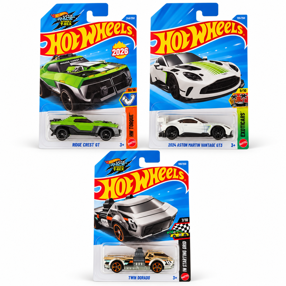 Set of 3 Hot wheels [HW 492] - Twin Dorado, 2024 Aston Martin Vanatge GT3, Ridge Crest GT